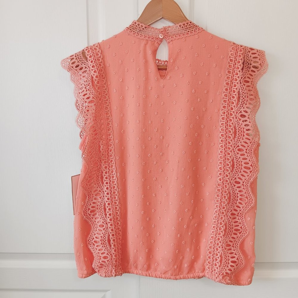Calligraphie Women's Coral Swiss Dot Lace Trim High Neck Sleeveless Top Size L - Picture 2 of 15